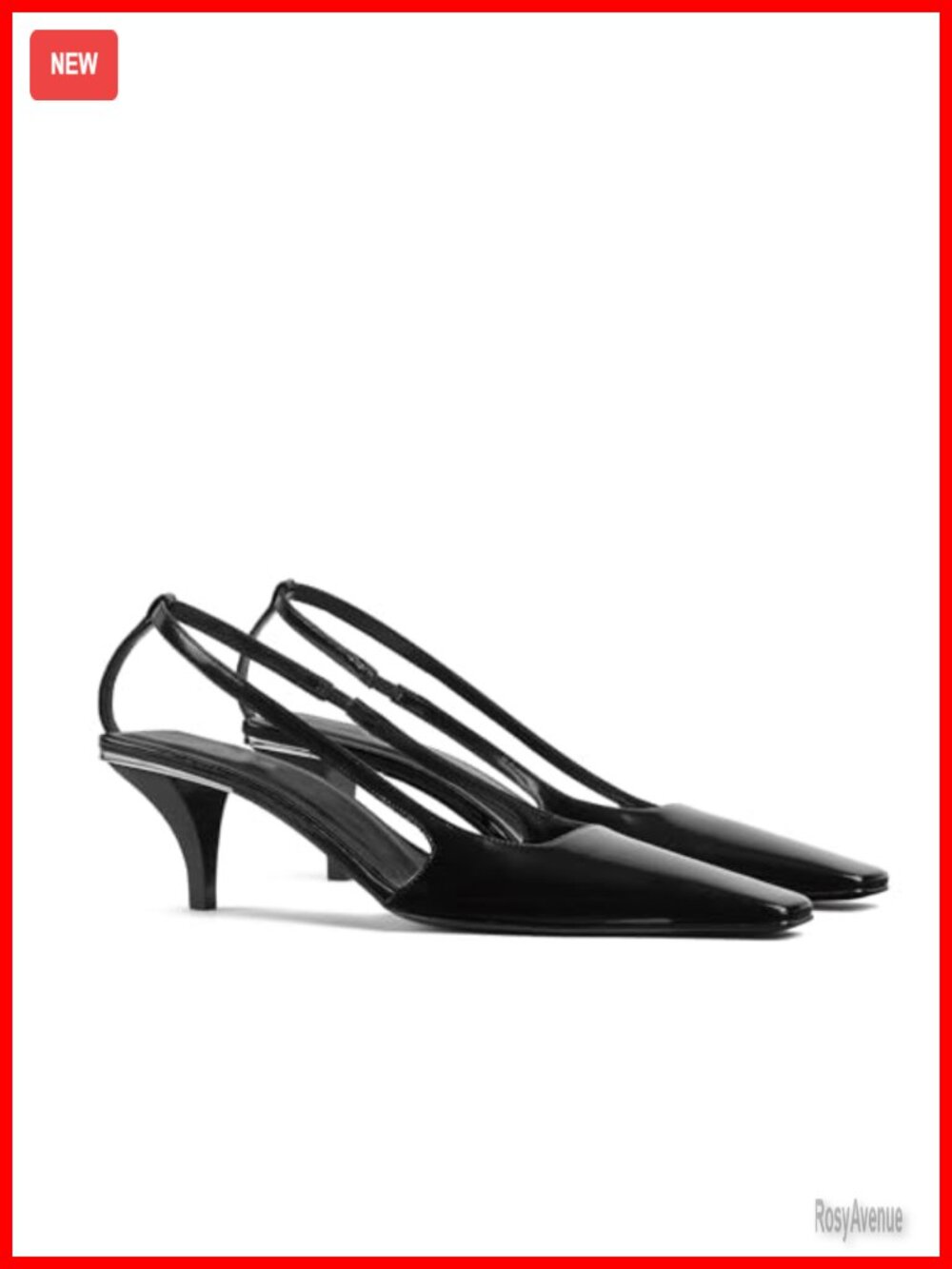 Slingback Kitten Heel Pumps Faux Leather Square Toe Elastic Ankle Strap